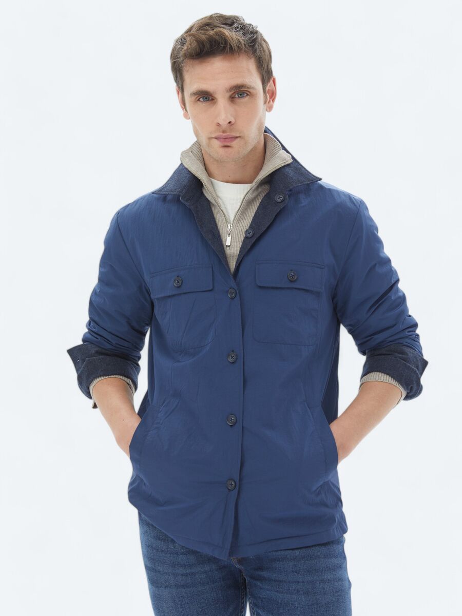 Lacivert Regular Fit Gömlek Yaka Casual Dokuma Mont - 4