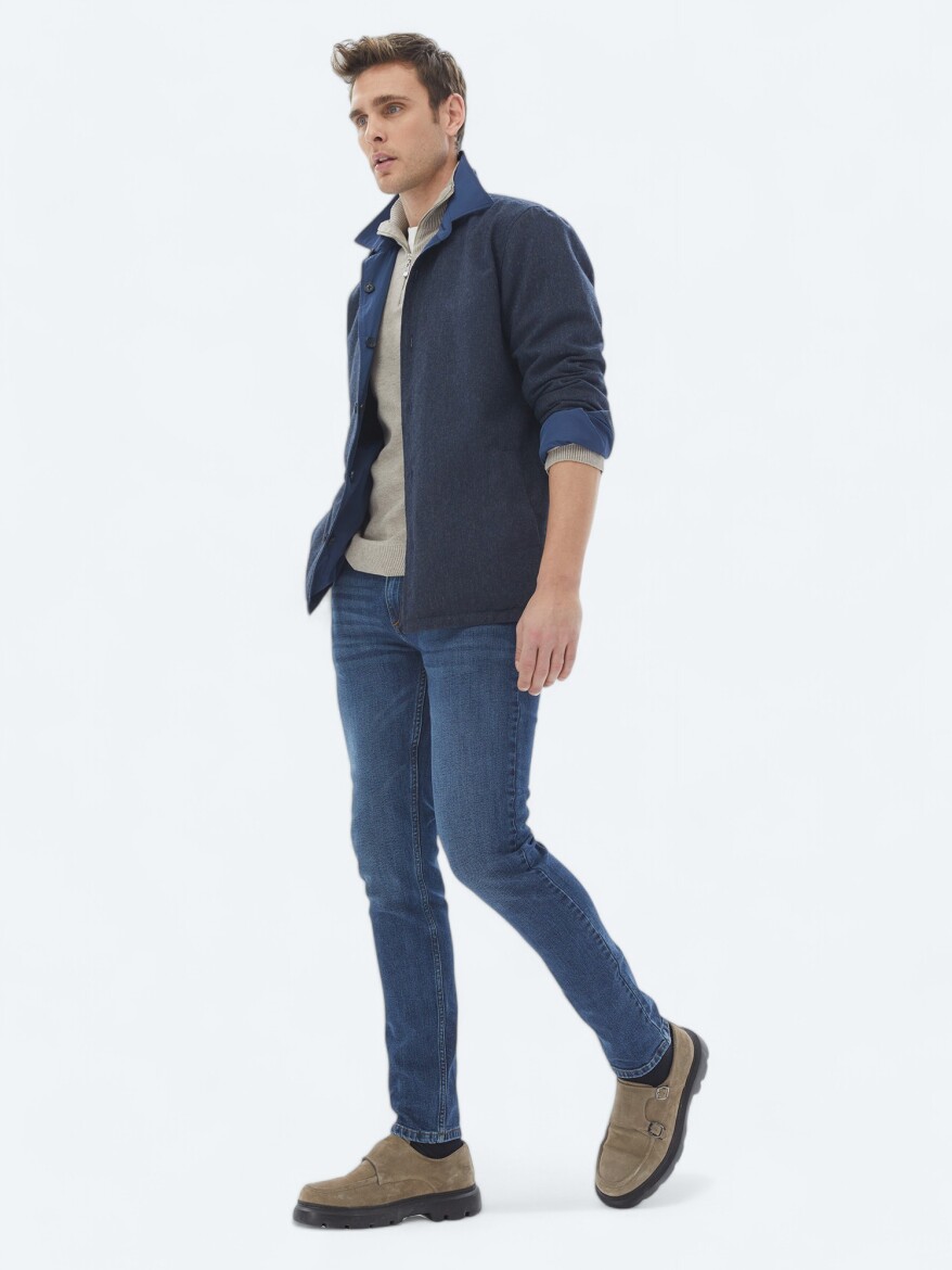 Lacivert Regular Fit Gömlek Yaka Casual Dokuma Mont - 5