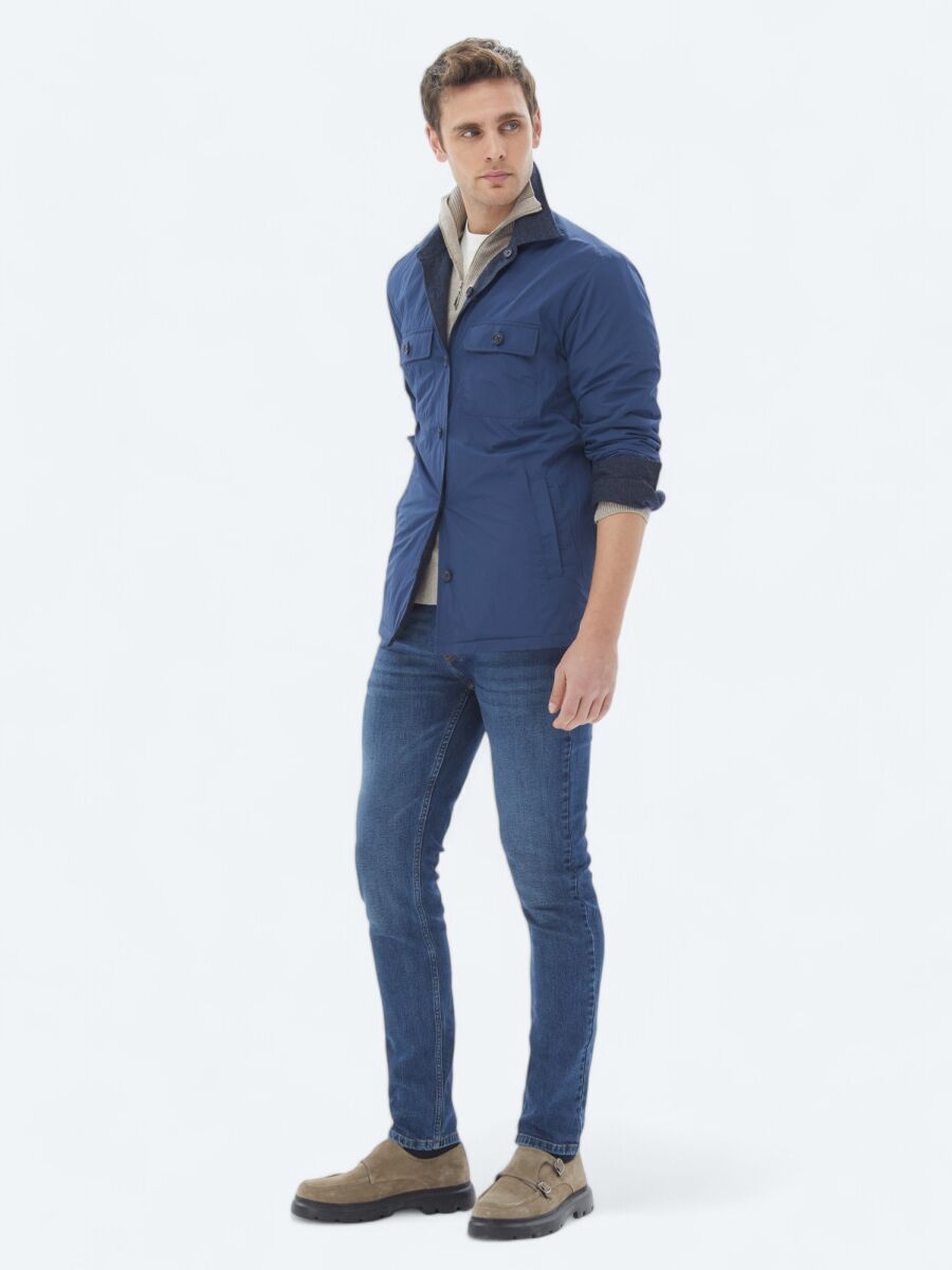 Lacivert Regular Fit Gömlek Yaka Casual Dokuma Mont - 6