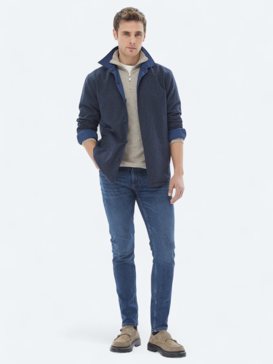 Lacivert Regular Fit Gömlek Yaka Casual Dokuma Mont - 7