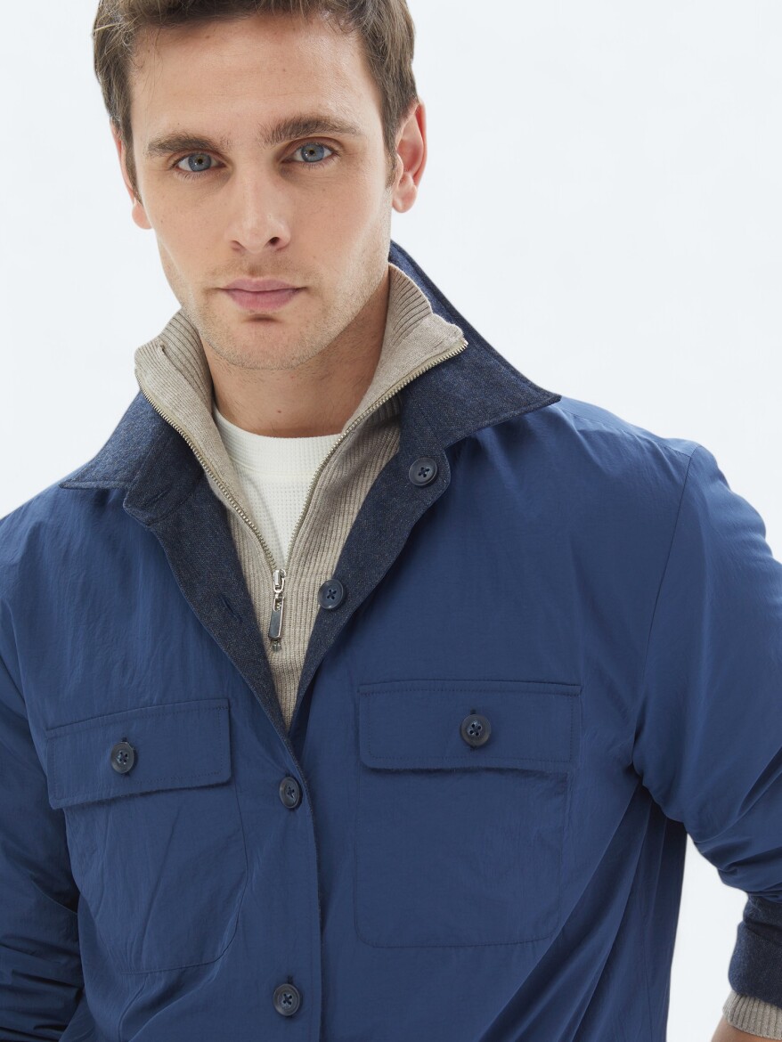 Lacivert Regular Fit Gömlek Yaka Casual Dokuma Mont - 10