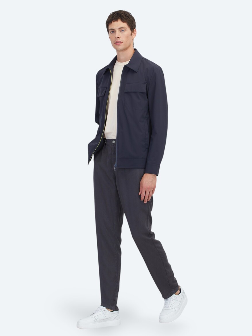 Lacivert Regular Fit Gömlek Yaka Casual Dokuma Mont - 3