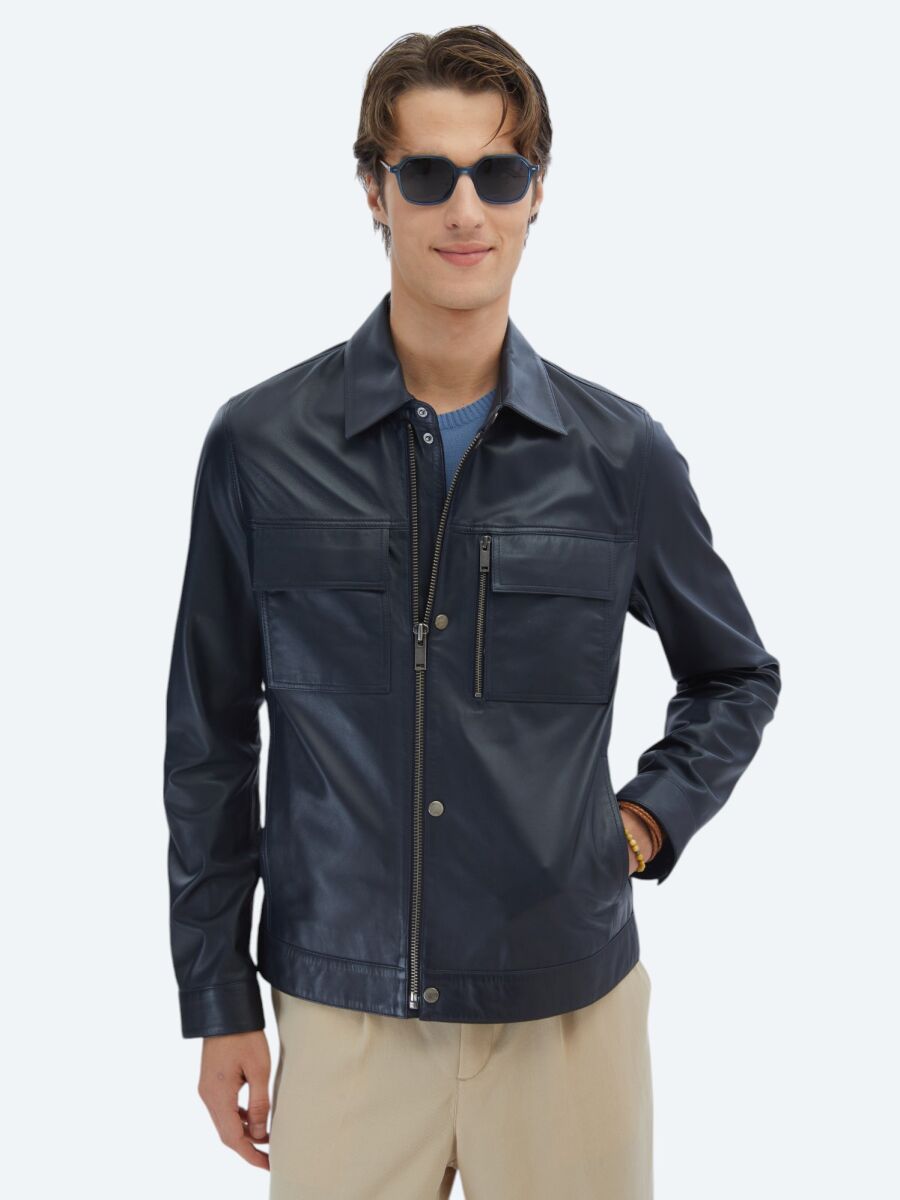 Lacivert Regular Fit Gömlek Yaka Smart Casual Koyun Derisi Deri Mont - 1