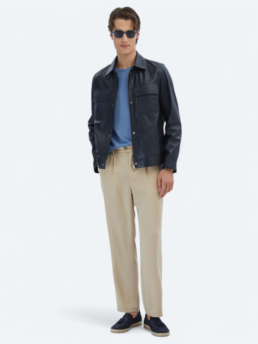 Lacivert Regular Fit Gömlek Yaka Smart Casual Koyun Derisi Deri Mont - 2