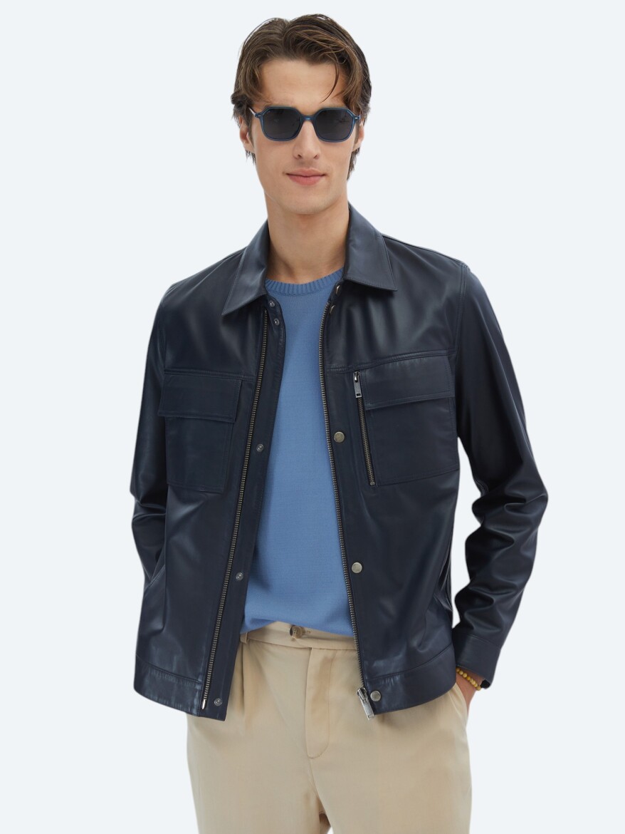 Lacivert Regular Fit Gömlek Yaka Smart Casual Koyun Derisi Deri Mont - 3