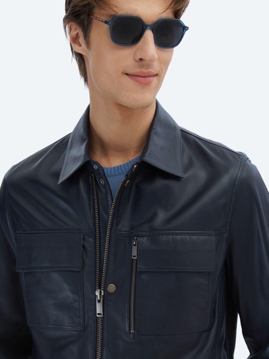 Lacivert Regular Fit Gömlek Yaka Smart Casual Koyun Derisi Deri Mont - 4