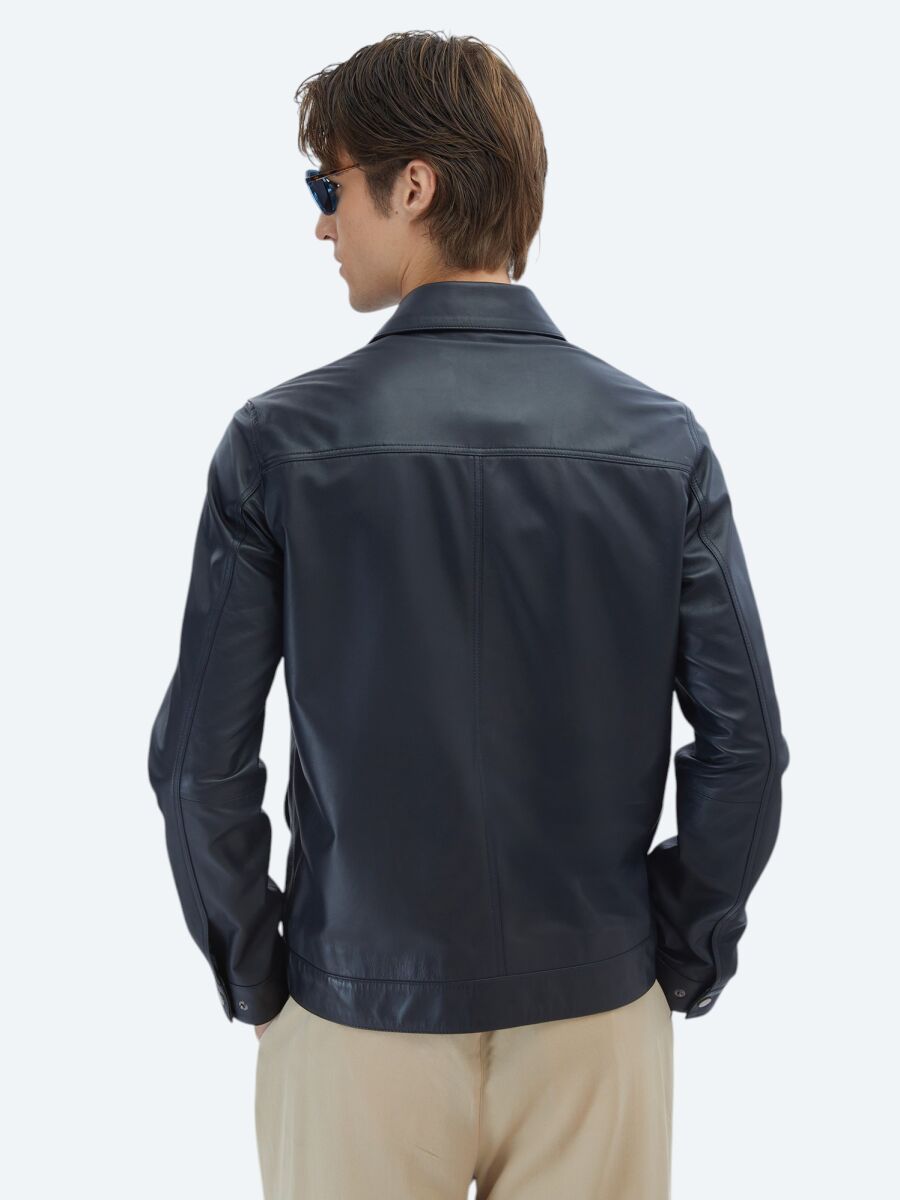 Lacivert Regular Fit Gömlek Yaka Smart Casual Koyun Derisi Deri Mont - 5