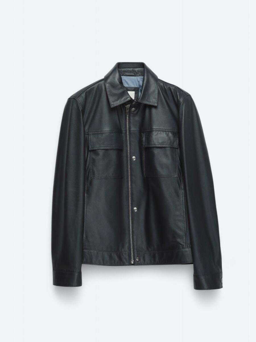 Lacivert Regular Fit Gömlek Yaka Smart Casual Koyun Derisi Deri Mont - 6