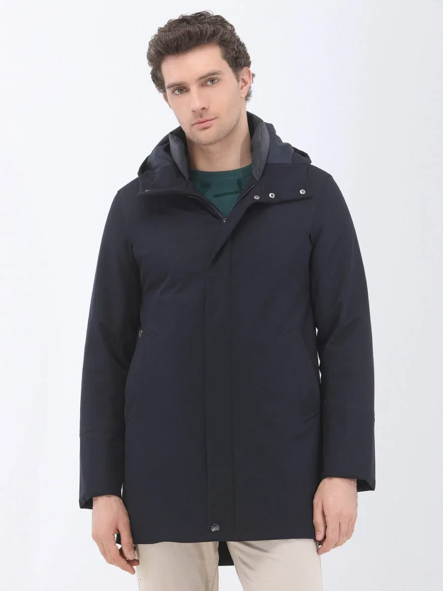 Lacivert Regular Fit Kapüşonlu Casual Dokuma Kaban - 1