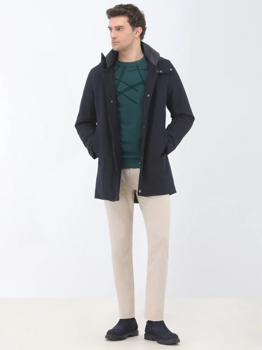 Lacivert Regular Fit Kapüşonlu Casual Dokuma Kaban - 3