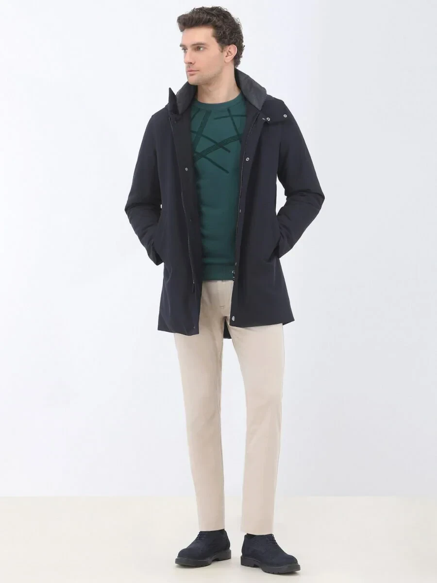 Lacivert Regular Fit Kapüşonlu Casual Dokuma Kaban - 3