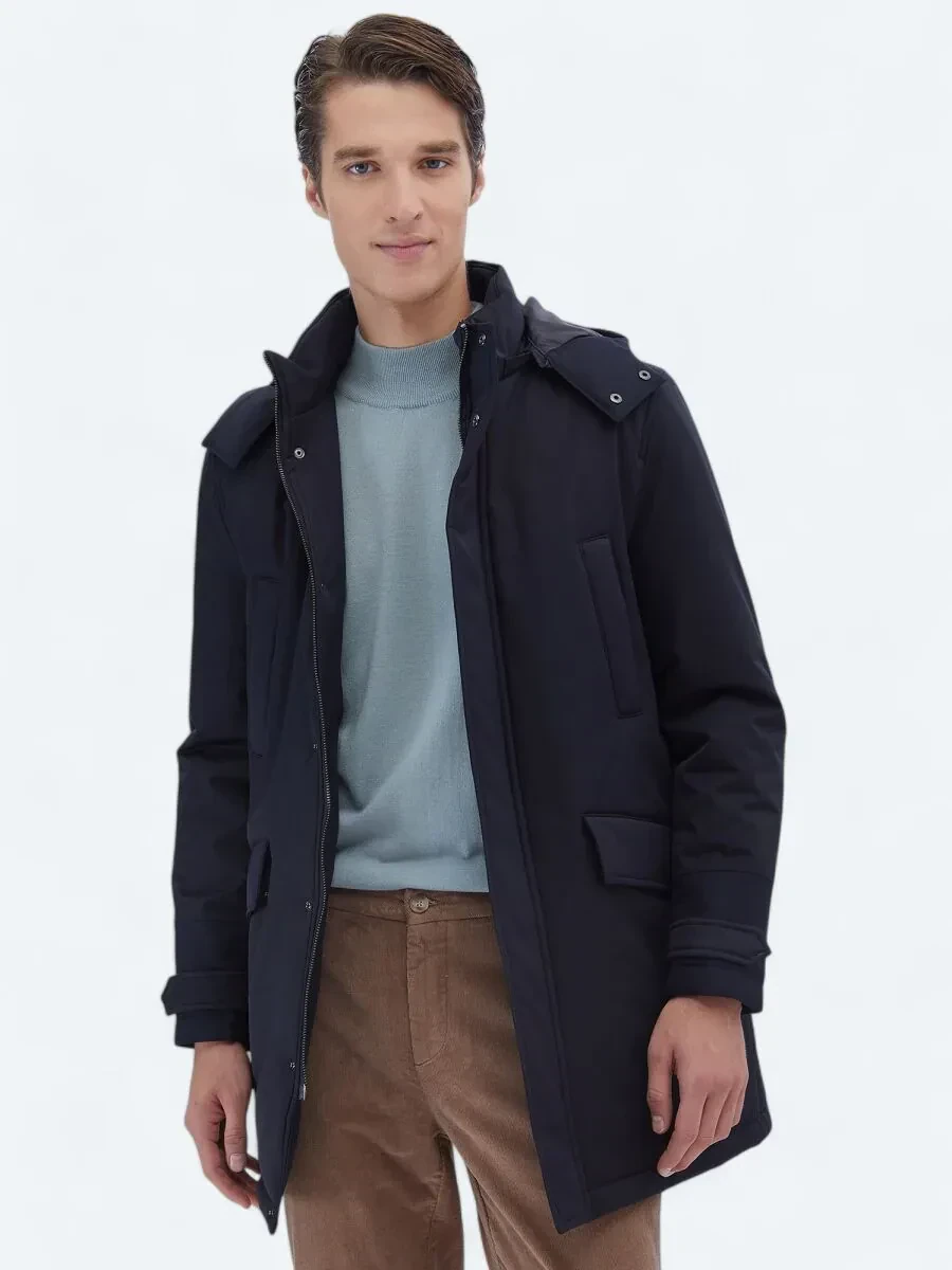 Lacivert Regular Fit Kapüşonlu Casual Dokuma Kaban - 3