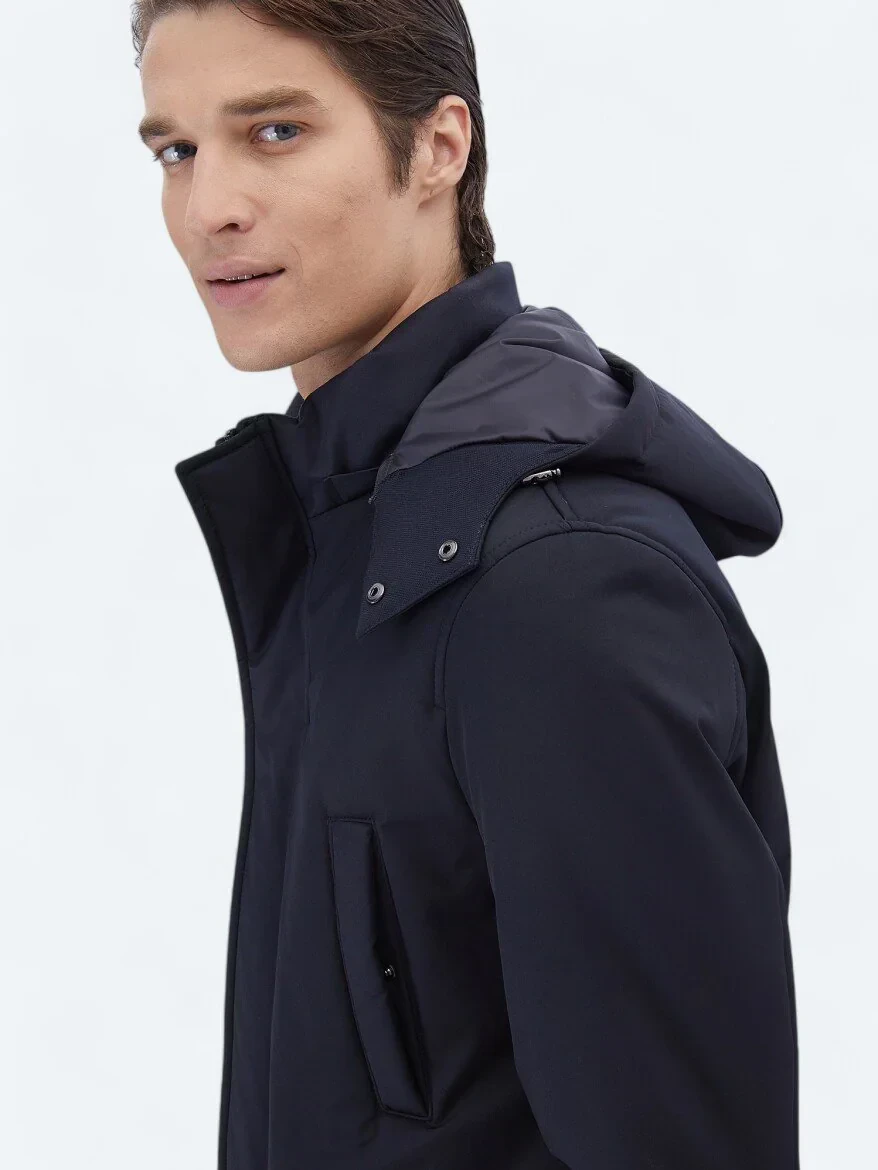Lacivert Regular Fit Kapüşonlu Casual Dokuma Kaban - 5