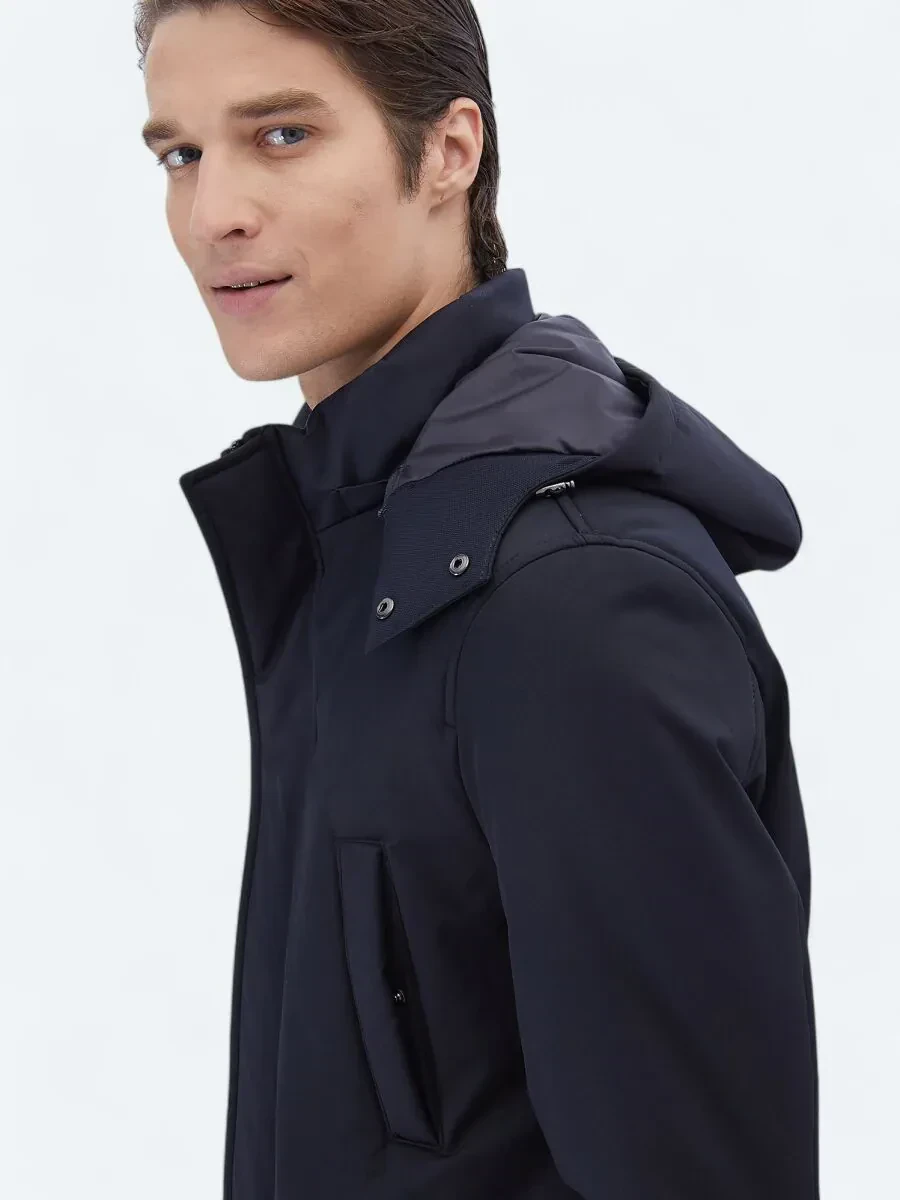 Lacivert Regular Fit Kapüşonlu Casual Dokuma Kaban - 5