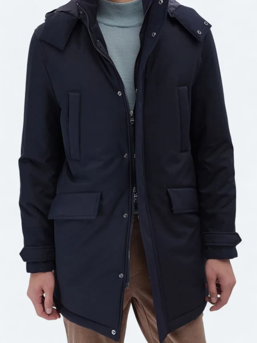 Lacivert Regular Fit Kapüşonlu Casual Dokuma Kaban - 7