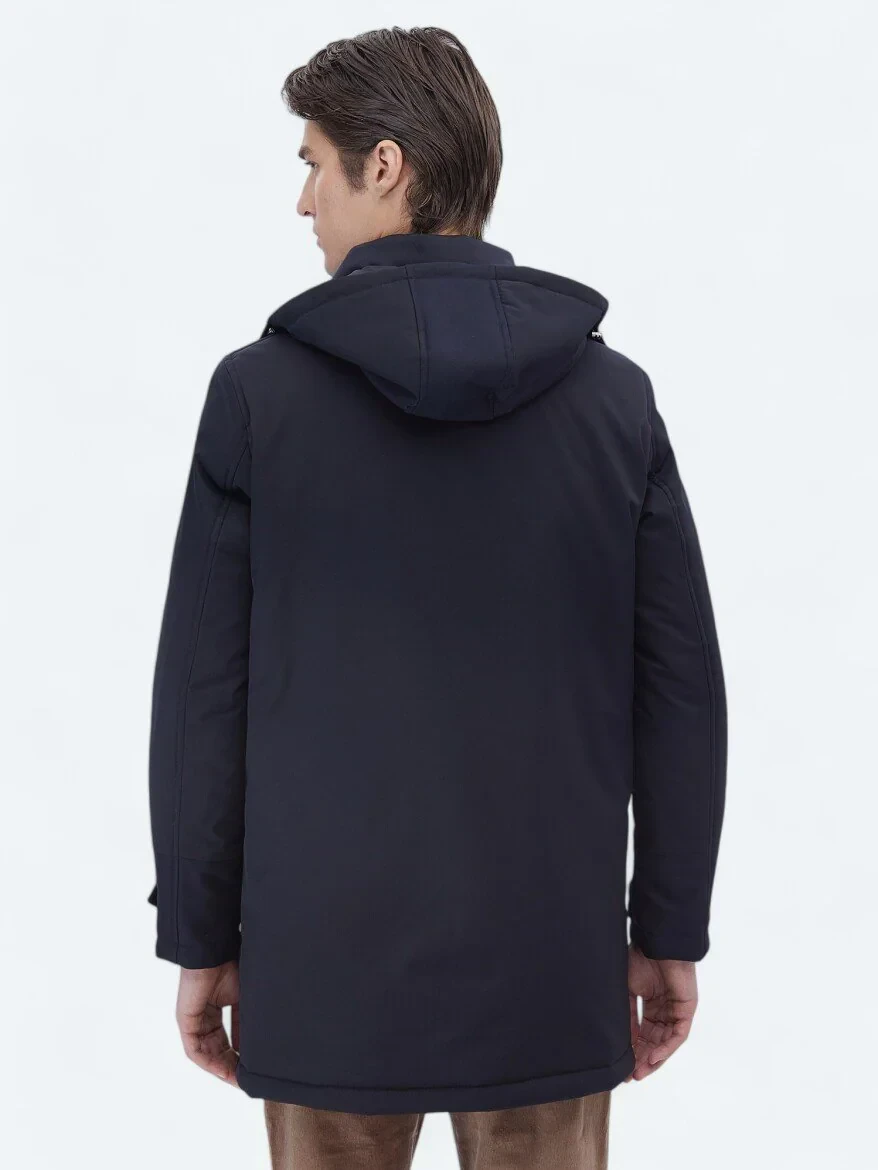 Lacivert Regular Fit Kapüşonlu Casual Dokuma Kaban - 8