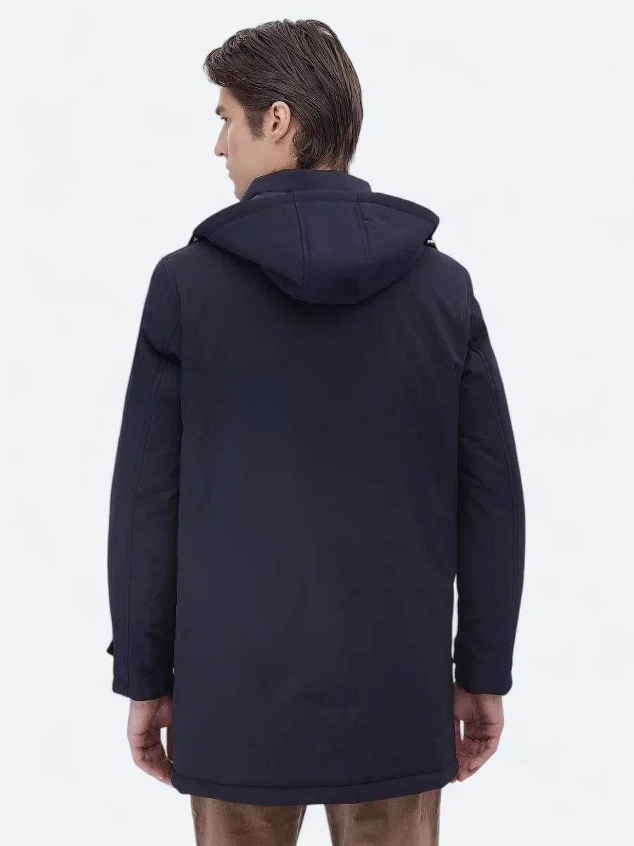 Lacivert Regular Fit Kapüşonlu Casual Dokuma Kaban - 8