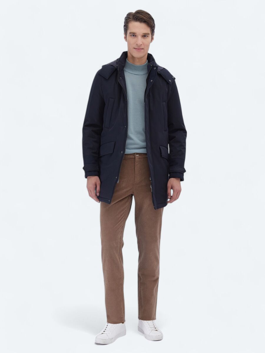 Lacivert Regular Fit Kapüşonlu Casual Dokuma Kaban - 2