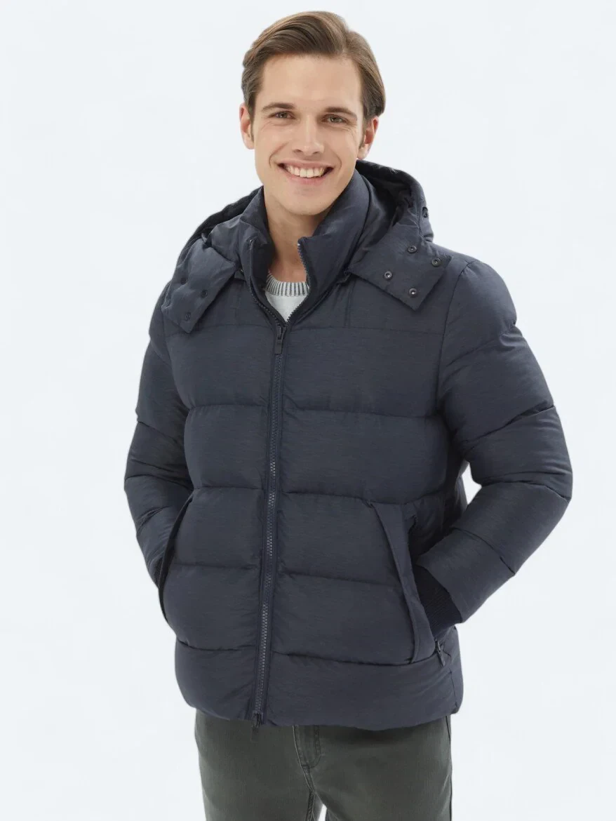 Lacivert Regular Fit Kapüşonlu Casual Dokuma Mont - 1