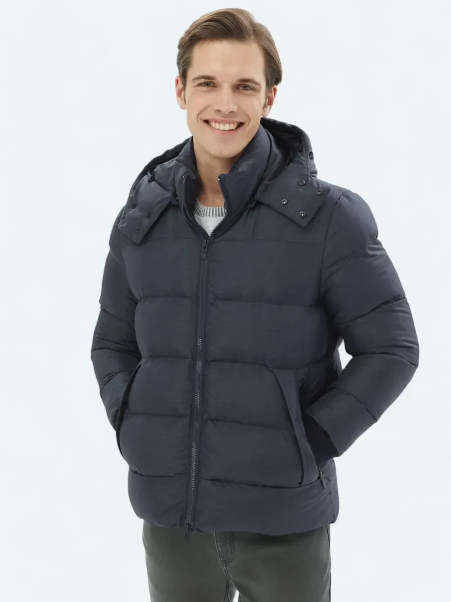 Lacivert Regular Fit Kapüşonlu Casual Dokuma Mont - 1