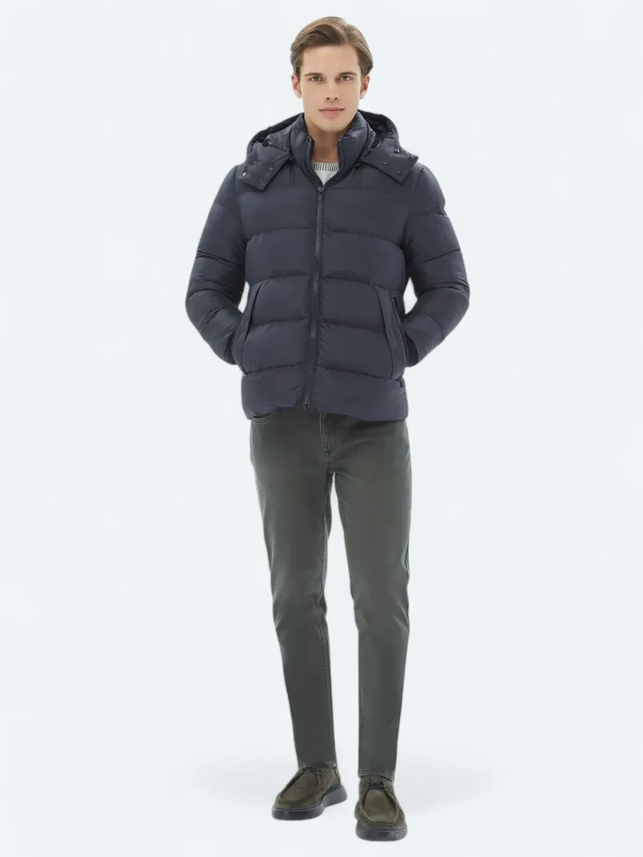 Lacivert Regular Fit Kapüşonlu Casual Dokuma Mont - 2