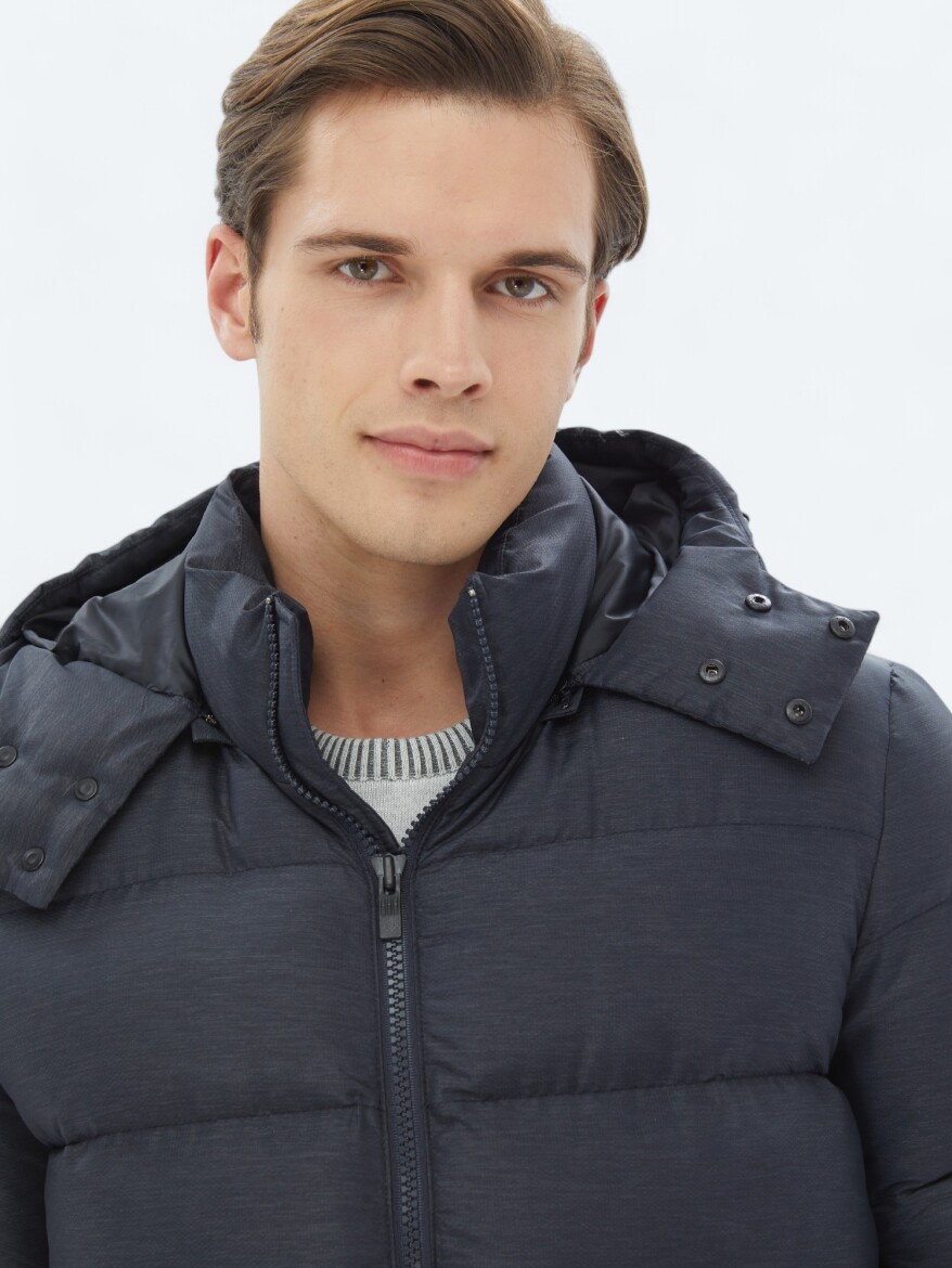 Lacivert Regular Fit Kapüşonlu Casual Dokuma Mont - 3