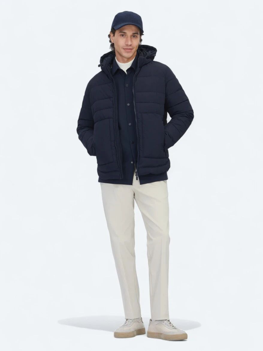 Lacivert Regular Fit Kapüşonlu Casual Dokuma Mont - KİP