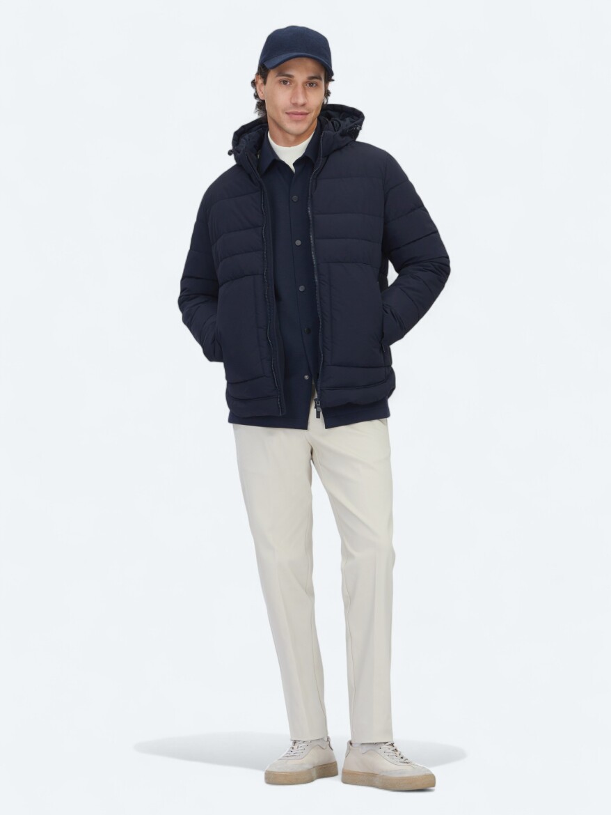 Lacivert Regular Fit Kapüşonlu Casual Dokuma Mont - KİP