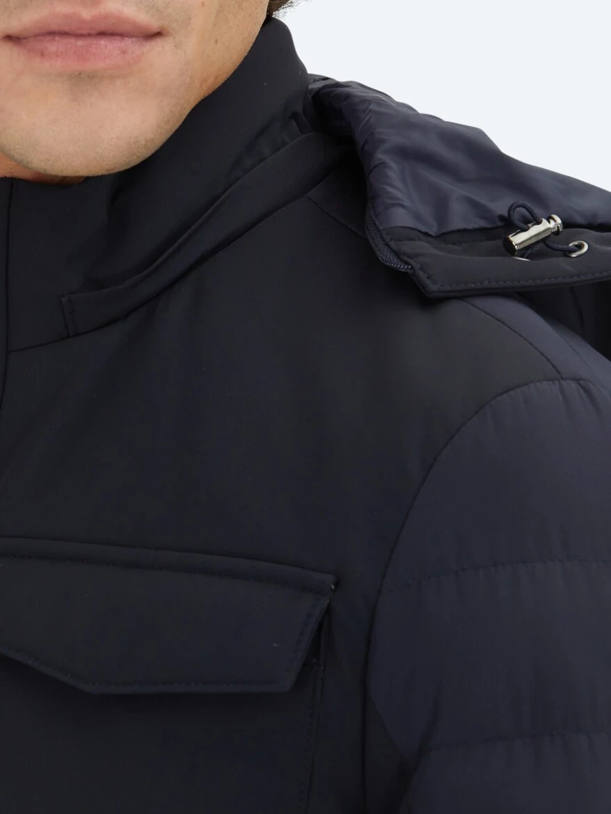 Lacivert Regular Fit Kapüşonlu Casual Dokuma Mont - KİP