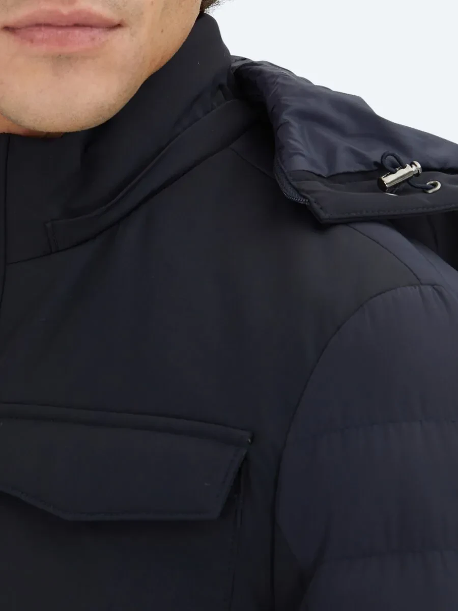 Lacivert Regular Fit Kapüşonlu Casual Dokuma Mont - 4