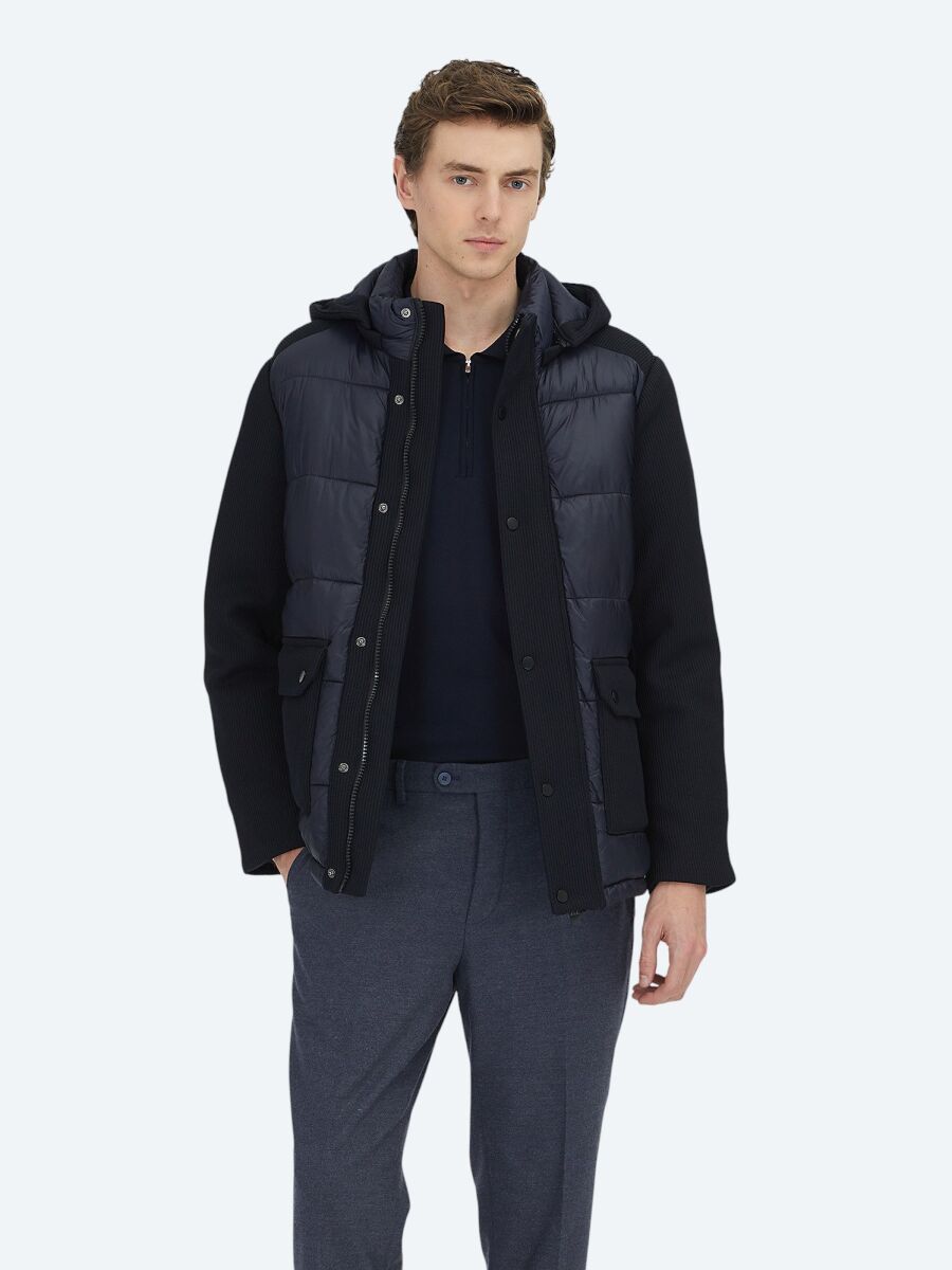 Lacivert Regular Fit Kapüşonlu Casual Dokuma Mont - 1