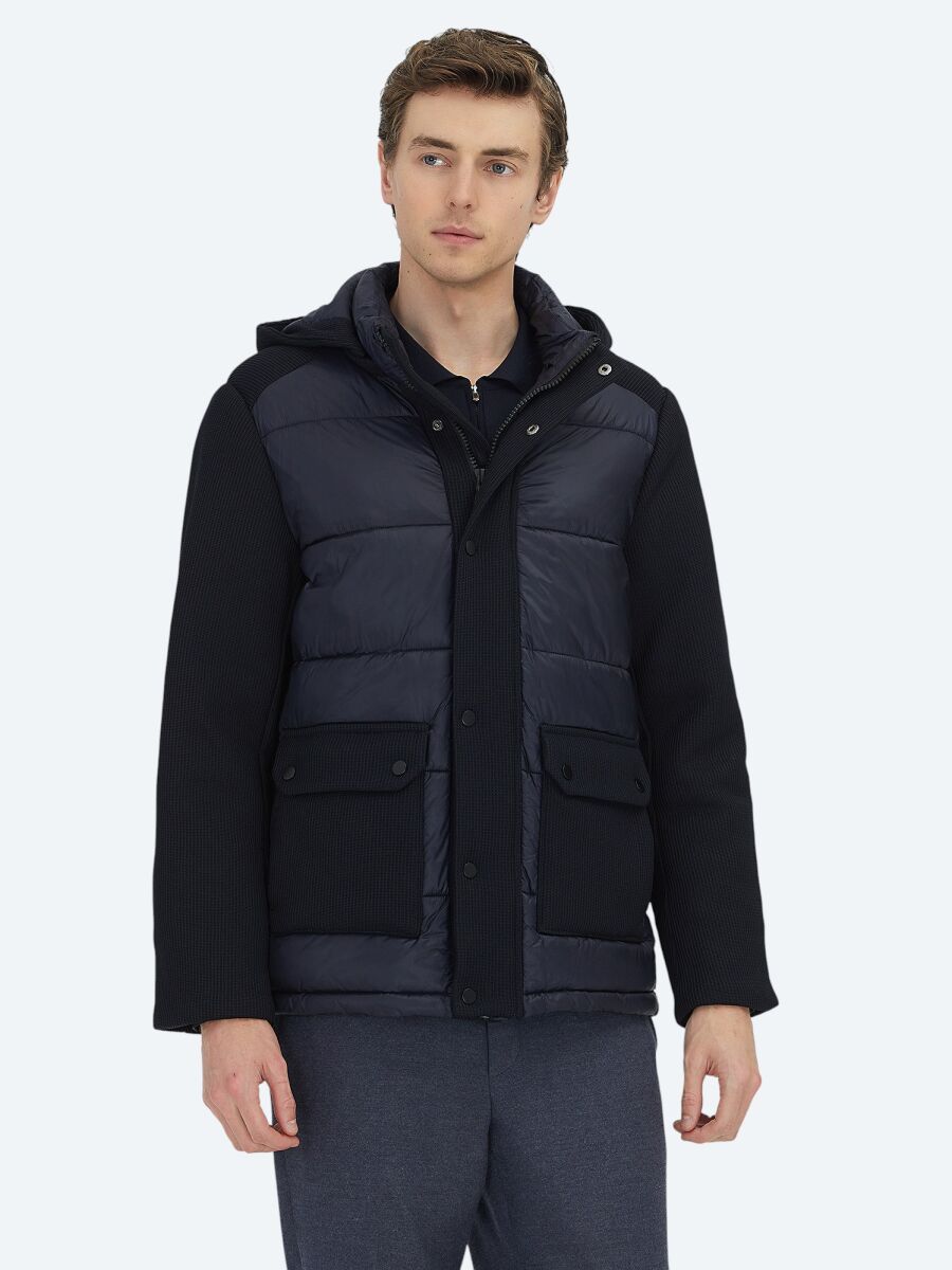 Lacivert Regular Fit Kapüşonlu Casual Dokuma Mont - 4