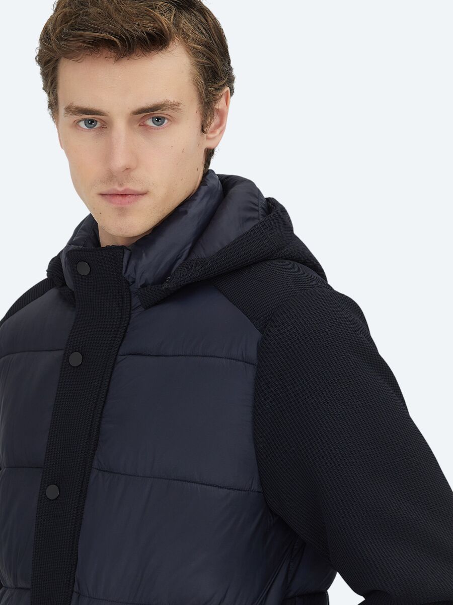 Lacivert Regular Fit Kapüşonlu Casual Dokuma Mont - 5