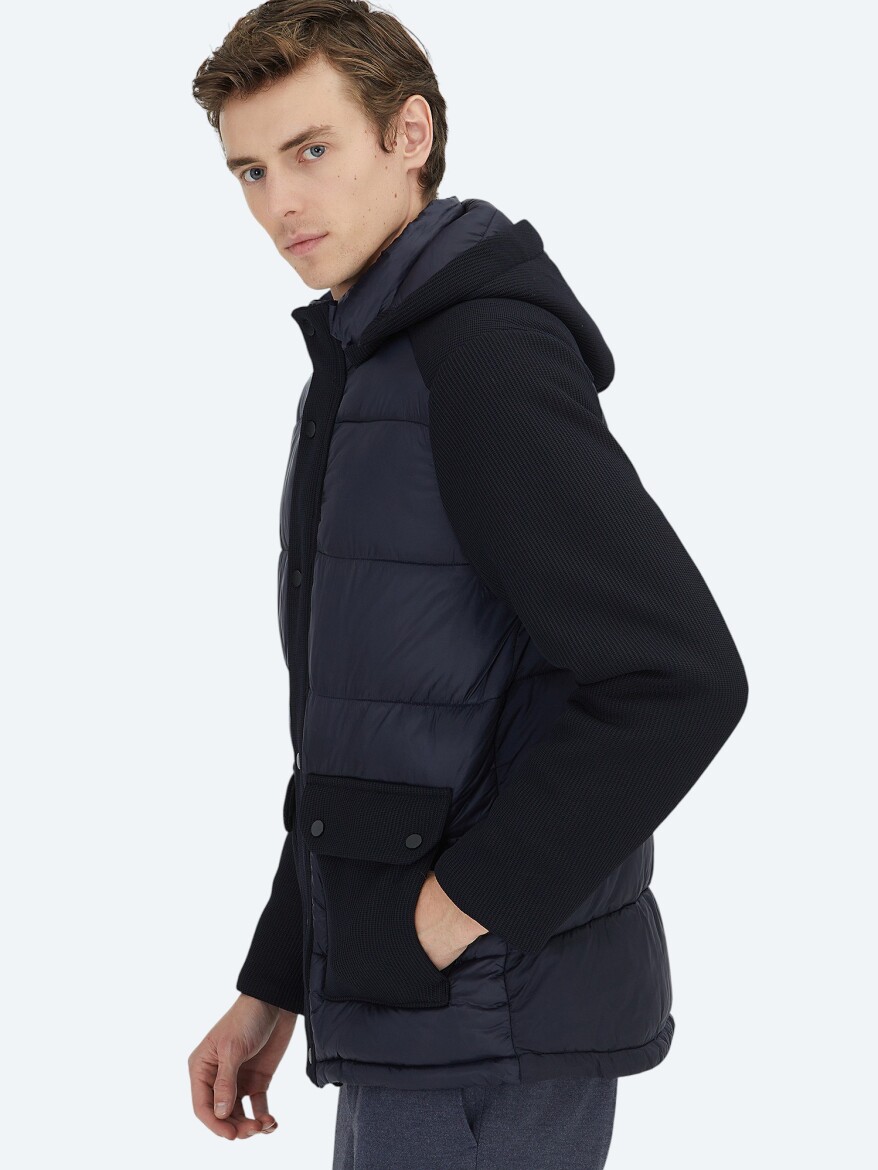 Lacivert Regular Fit Kapüşonlu Casual Dokuma Mont - 3