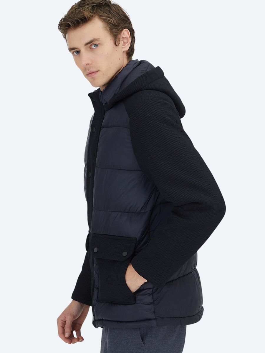 Lacivert Regular Fit Kapüşonlu Casual Dokuma Mont - 3