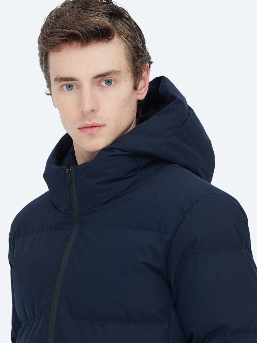 Lacivert Regular Fit Kapüşonlu Casual Dokuma Mont - KİP