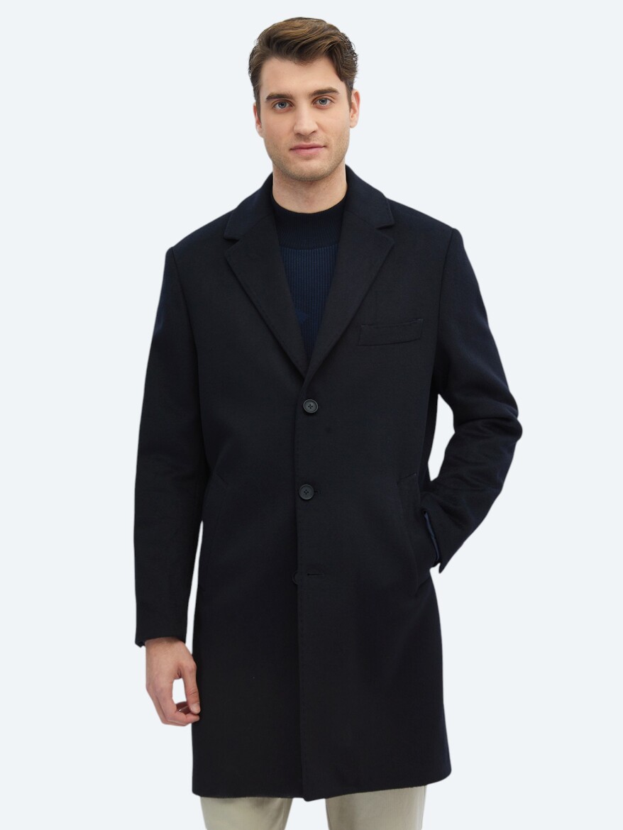 Lacivert Regular Fit Kelebek Yaka Klasik Dokuma Palto - 1