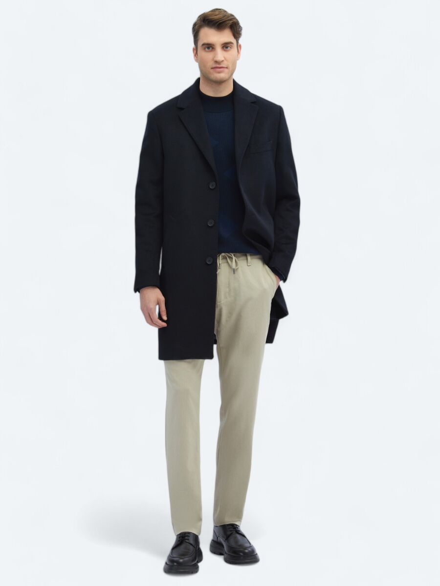 Lacivert Regular Fit Kelebek Yaka Klasik Dokuma Palto - 2