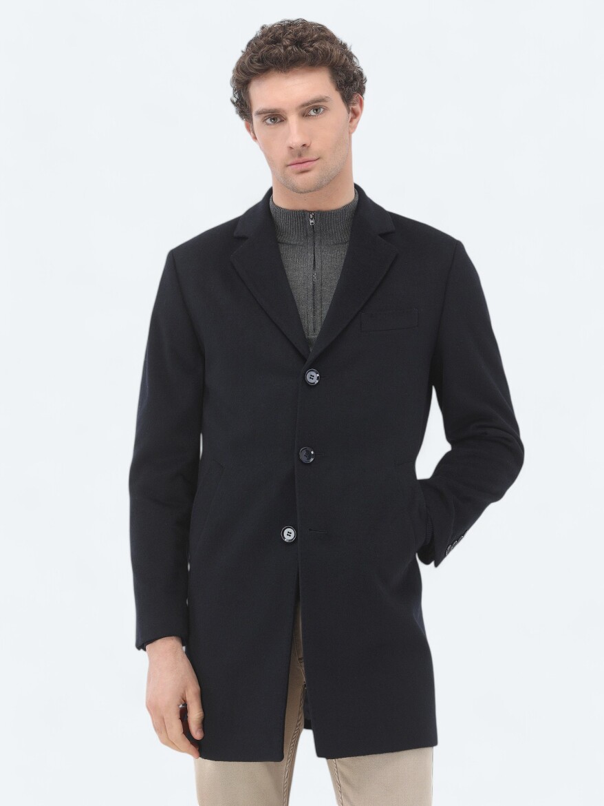 Lacivert Regular Fit Kelebek Yaka Klasik Dokuma Palto - 6