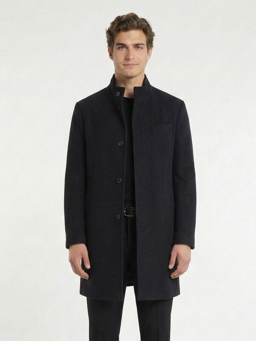 Lacivert Regular Fit Kelebek Yaka Klasik Dokuma Palto - 3