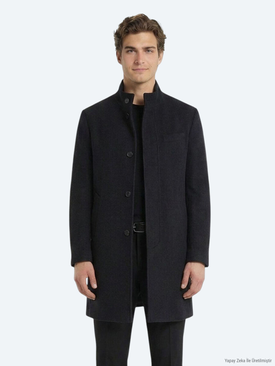 Lacivert Regular Fit Kelebek Yaka Klasik Dokuma Palto - 3