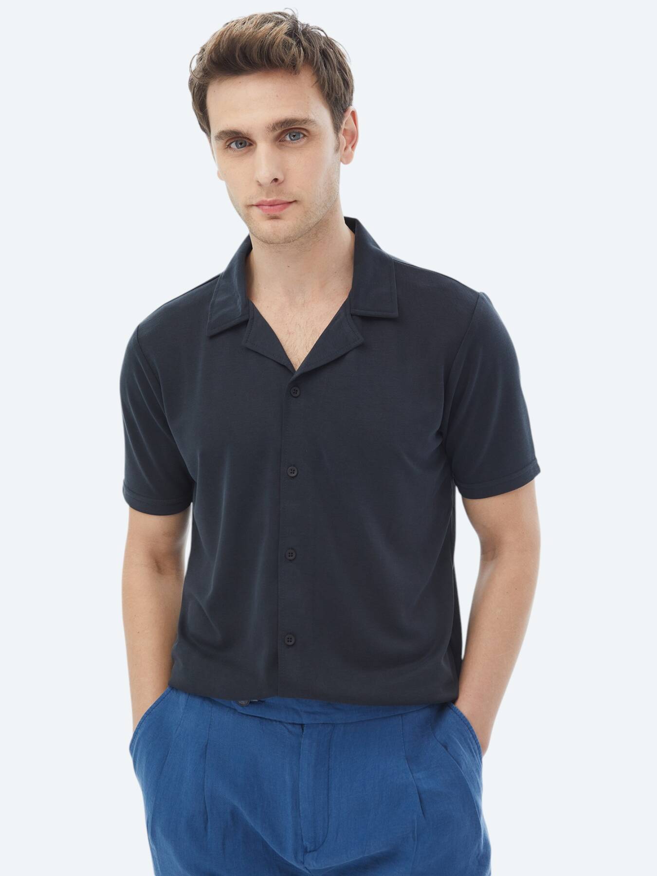 Lacivert Regular Fit Kısa Casual Gömlek