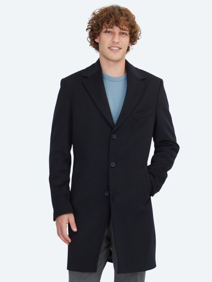 Lacivert Regular Fit Kruvaze Yaka Casual Dokuma Palto - KİP