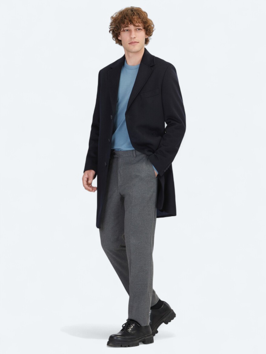 Lacivert Regular Fit Kruvaze Yaka Casual Dokuma Palto - KİP