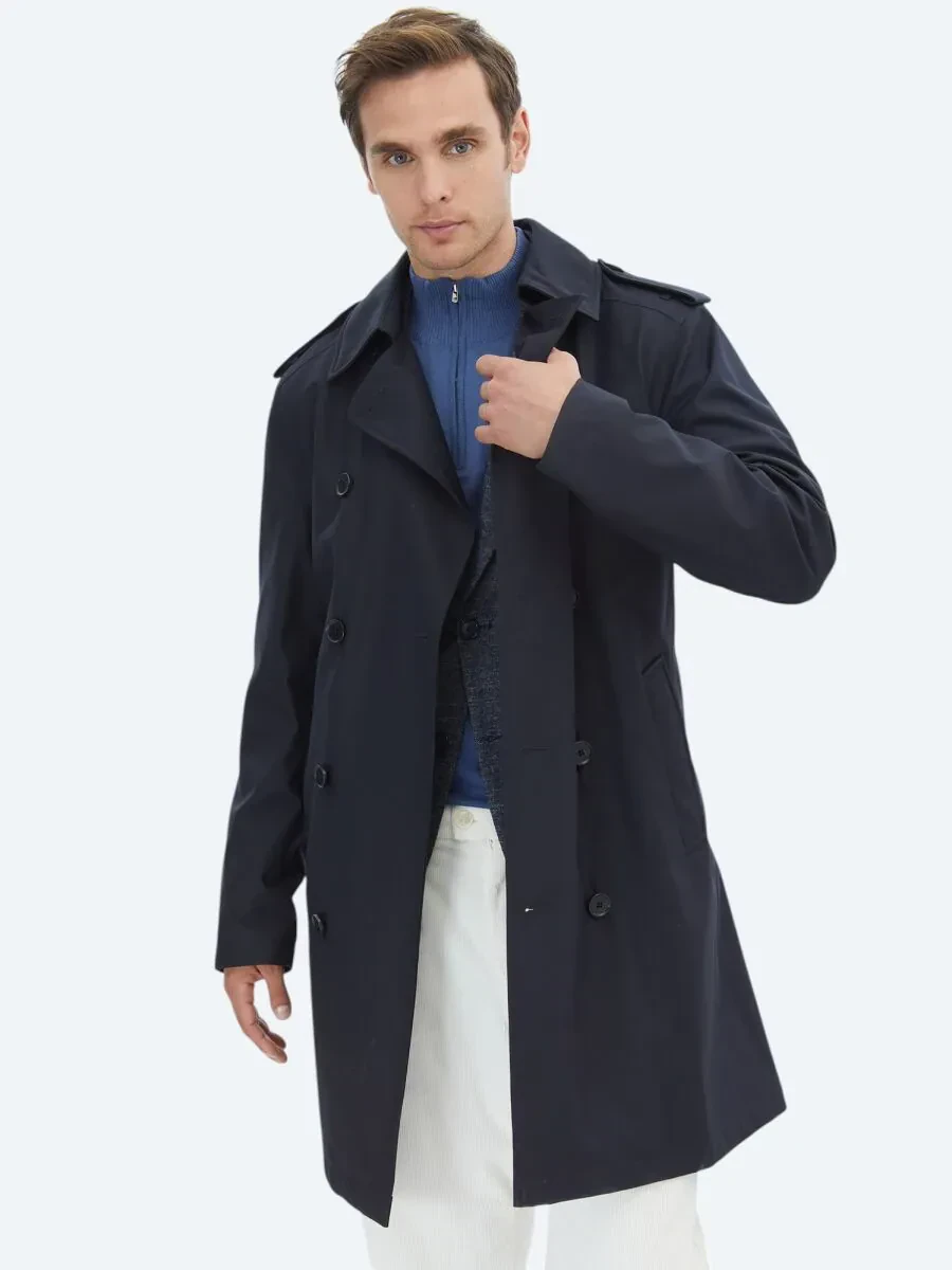 Lacivert Regular Fit Kruvaze Yaka Casual Dokuma Pardesü - 1