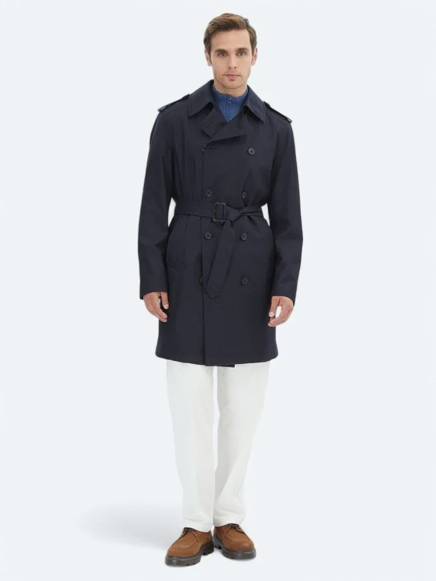 Lacivert Regular Fit Kruvaze Yaka Casual Dokuma Pardesü - 2