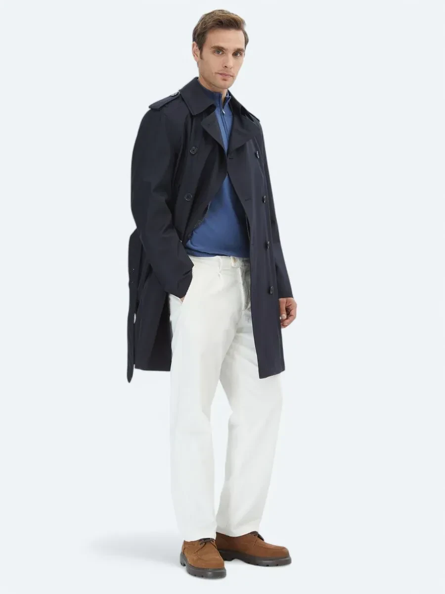 Lacivert Regular Fit Kruvaze Yaka Casual Dokuma Pardesü - 3