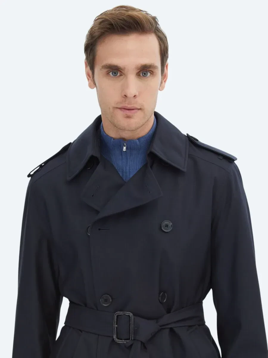 Lacivert Regular Fit Kruvaze Yaka Casual Dokuma Pardesü - 4