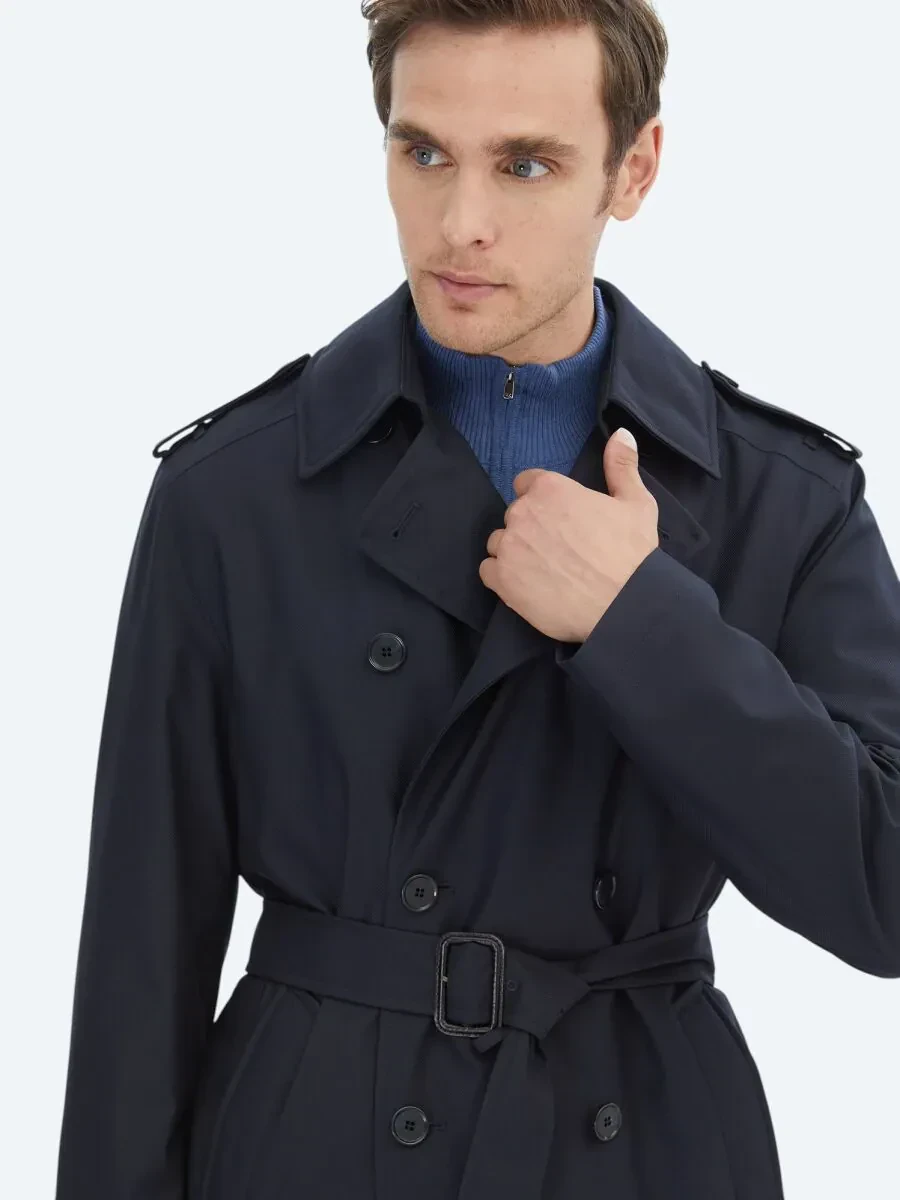 Lacivert Regular Fit Kruvaze Yaka Casual Dokuma Pardesü - 5