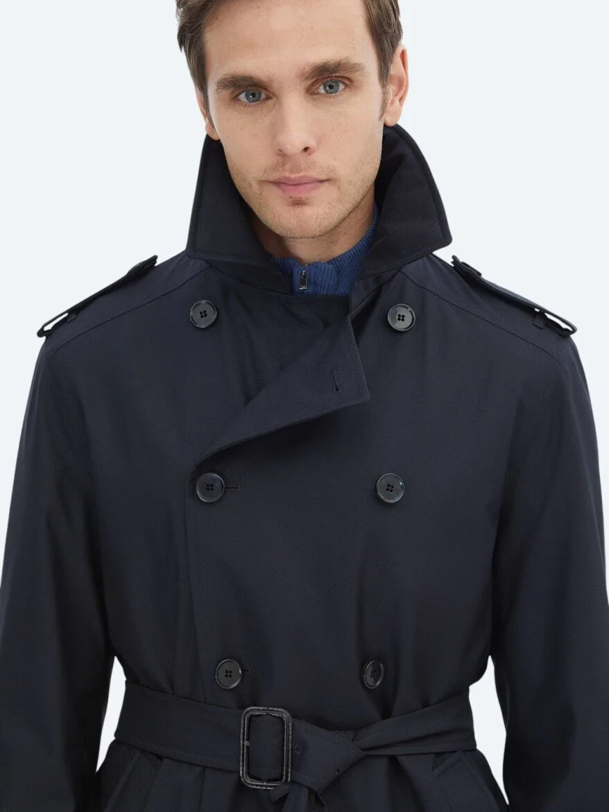 Lacivert Regular Fit Kruvaze Yaka Casual Dokuma Pardesü - 8